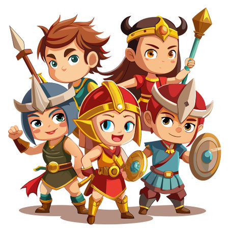 Cartoon group of warriors in different costumes with weapons.のイラスト素材