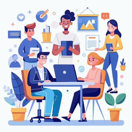 Diverse group of coworkers working on a project at a table.のイラスト素材