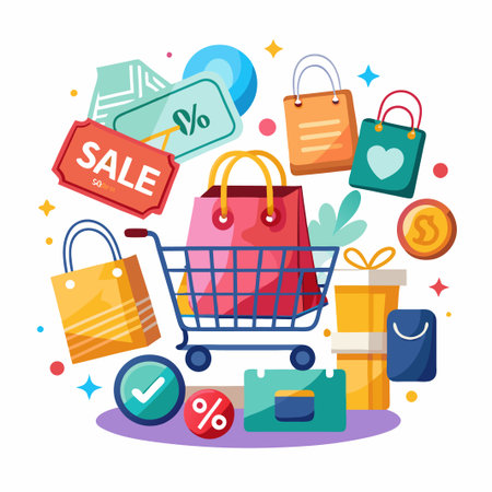 Shopping cart with colorful shopping bags and gift boxes.のイラスト素材