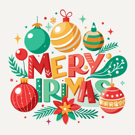 Colorful Christmas greeting with ornaments and festive elements.のイラスト素材