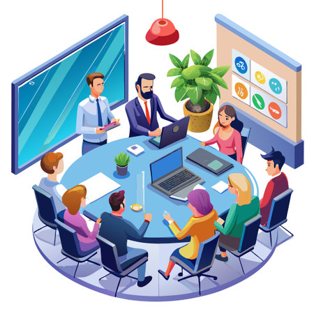 A diverse group of people gather around a table, working together.のイラスト素材