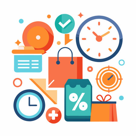 Colorful illustration of shopping icons, including a shopping bag, discount tag, clock, and gift box.のイラスト素材