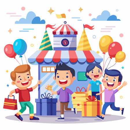 Happy kids with gifts in front of a shop with balloons.のイラスト素材