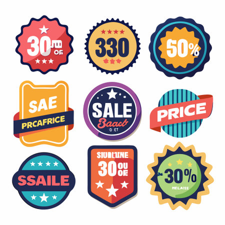 Set of nine colorful discount and sale badges with star and price, isolated on white background.のイラスト素材