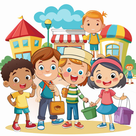 Five happy children standing together in front of colorful houses.のイラスト素材