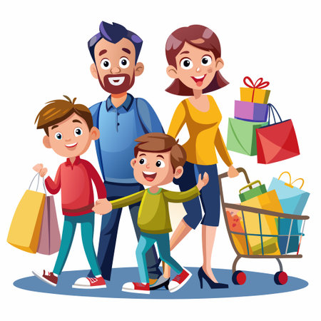Happy family with shopping bags and cart.のイラスト素材