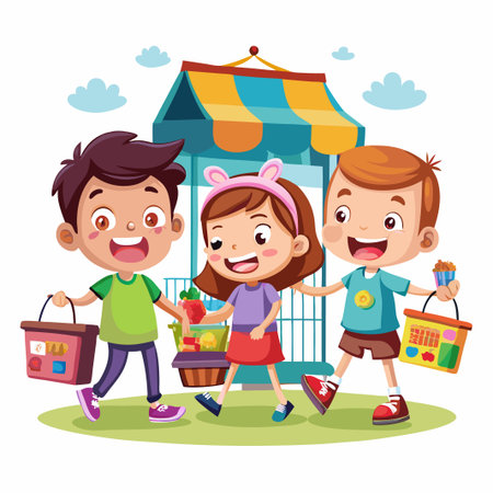 Three happy children walking together, carrying lunchboxes and smiling.のイラスト素材