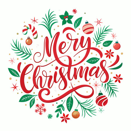 Merry Christmas greeting with red lettering and ornaments.のイラスト素材