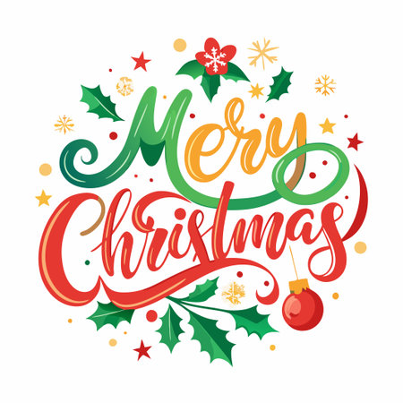 Merry Christmas lettering with holly and ornaments.のイラスト素材