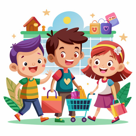 Happy children shopping together with colorful bags and a shopping cart.のイラスト素材