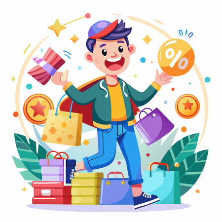 Happy man with shopping bags and discount.のイラスト素材