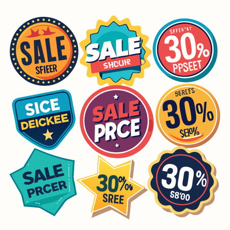 Nine colorful sale stickers with various designs and discounts, perfect for advertising.