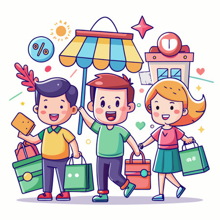 Three happy cartoon people shopping with bags.のイラスト素材
