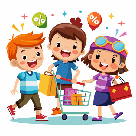 Three happy children shopping with a cart and bags.のイラスト素材
