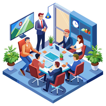 Business Meeting Around Table With Monitor Displaying Presentation.のイラスト素材