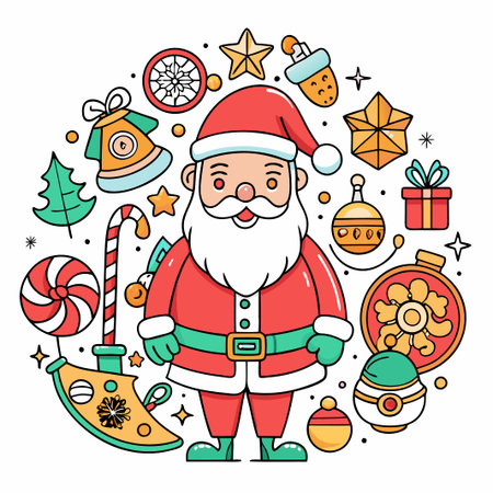 Festive Santa Claus surrounded by Christmas ornaments.のイラスト素材