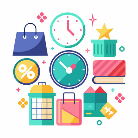 Colorful shopping concept with bags, clocks, discount sign, and star.のイラスト素材