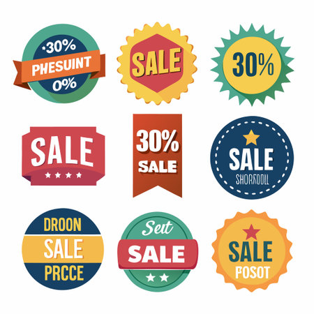Nine colorful sale labels with various designs and text.