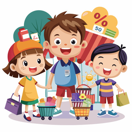 Three happy kids with shopping carts and bags outside a store with a 50% off sale sign.のイラスト素材