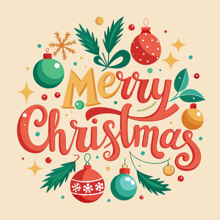 Merry Christmas greeting with ornaments, pine branches, and snowflakes on cream background.のイラスト素材