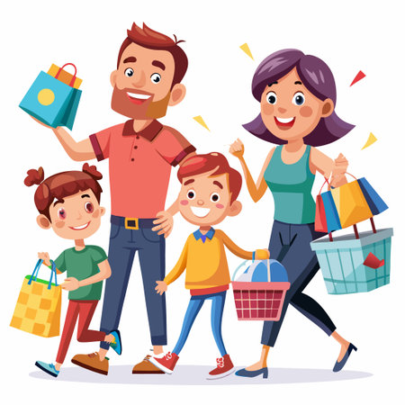 Happy family of four with shopping bags and baskets.のイラスト素材
