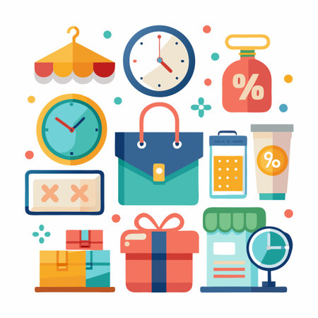 Flat design icons for shopping, retail, sale, and time.のイラスト素材