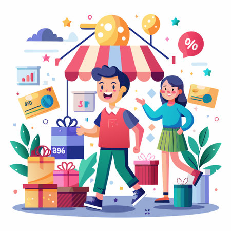 Happy couple shopping for gifts with big discounts and presents on sale.のイラスト素材
