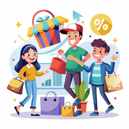 Happy people shopping and carrying shopping bags.のイラスト素材