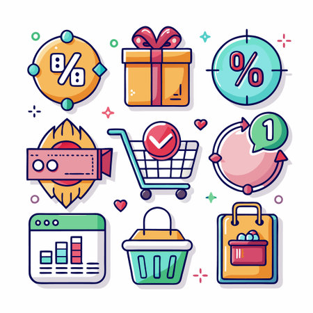 Colorful Shopping Icons with Percentage, Gift, Cart and Basket.のイラスト素材