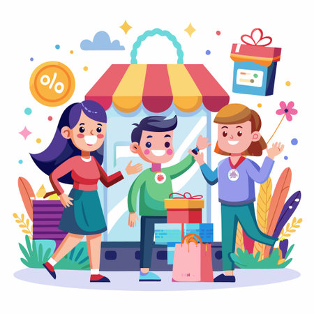 Happy customers with shopping bags in front of a store with a discount sign.のイラスト素材