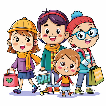 Four happy cartoon children in winter clothes holding shopping bags.のイラスト素材