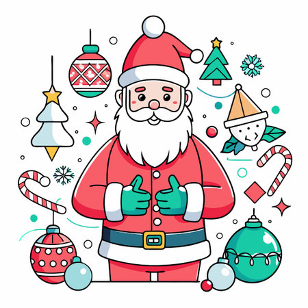 Cheerful Santa Claus with Christmas ornaments and a candy cane.のイラスト素材