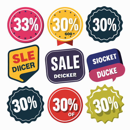 Colorful sale sticker collection with discount and text.