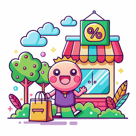 Cute cartoon character shopping with a bag in front of a store.のイラスト素材