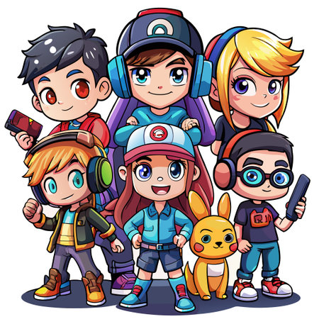 Group of five friends in casual clothes and headphones with cartoon-style art.