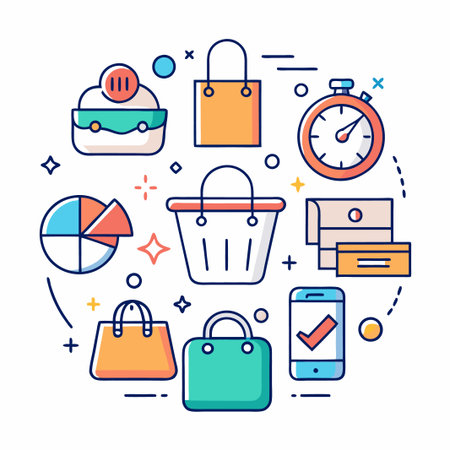 Colorful shopping icons illustration with mobile phone, bag, timer, pie chart, wallet, and basket.のイラスト素材