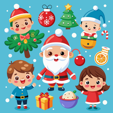 Cute cartoon characters celebrate Christmas with gifts, ornaments, and a Christmas tree.のイラスト素材
