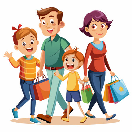 Happy family of four with shopping bags walking together.のイラスト素材
