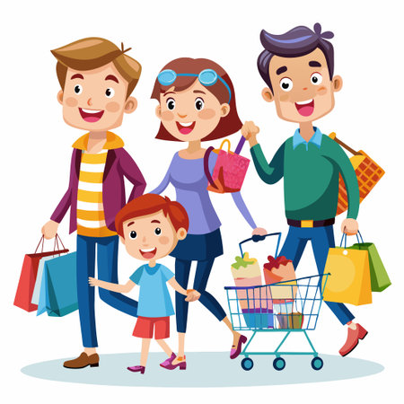 Happy family with shopping bags and trolley.のイラスト素材