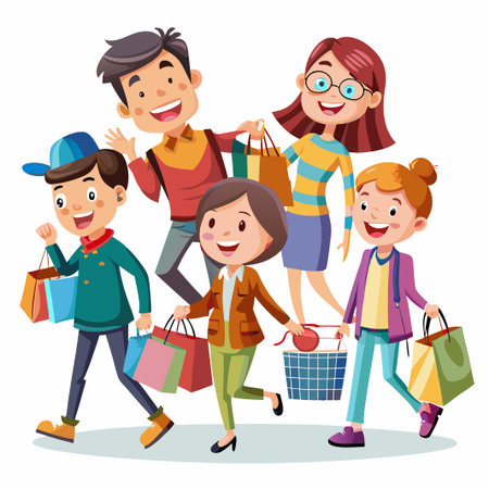 Happy group of friends shopping together, holding bags and basket.のイラスト素材