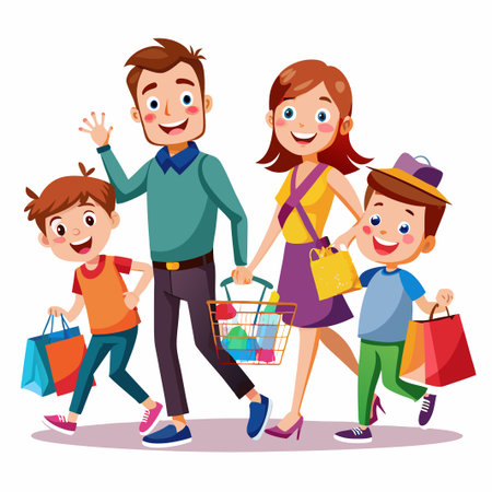 Happy family with shopping bags and a basket full of groceries.のイラスト素材
