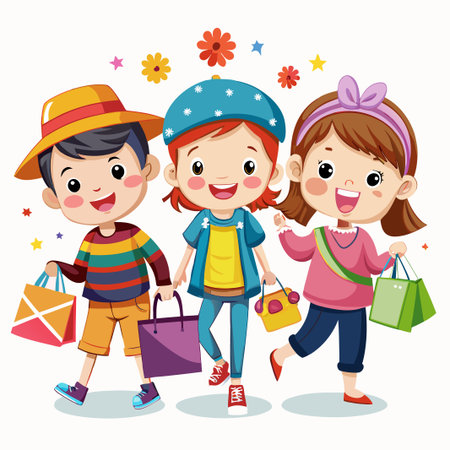 Three kids happily walking with shopping bags in hand.のイラスト素材