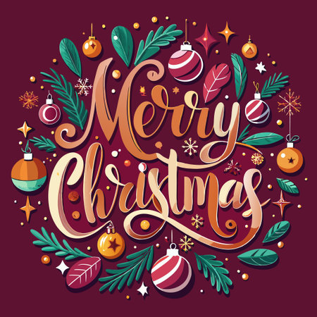 Merry Christmas text surrounded by ornaments, snowflakes, leaves, and stars on a red background.のイラスト素材
