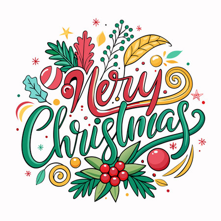 Merry Christmas hand-lettered text surrounded by festive green leaves, red berries, and yellow stars.のイラスト素材