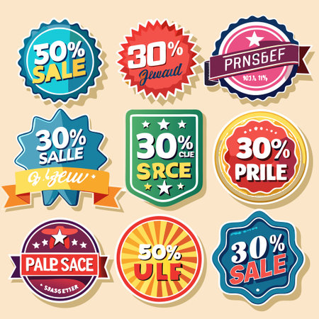 Nine colorful sale stickers with different shapes and designs, featuring discounts from 30% to 50%.