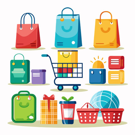 A collection of colorful shopping bags, boxes, and a shopping cart filled with various items.のイラスト素材