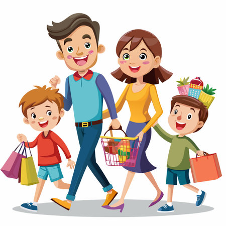 Happy family with shopping bags walking together.のイラスト素材