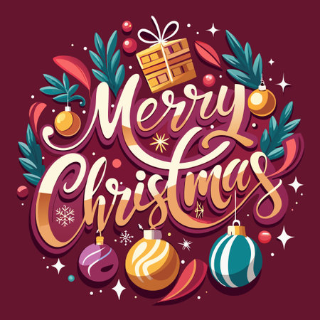 Merry Christmas greeting with a burgundy background and gold lettering surrounded by Christmas ornaments, gift, and snowflakes.のイラスト素材