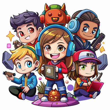 Cartoon illustration of five friends,  each holding a different object including a game controller,...