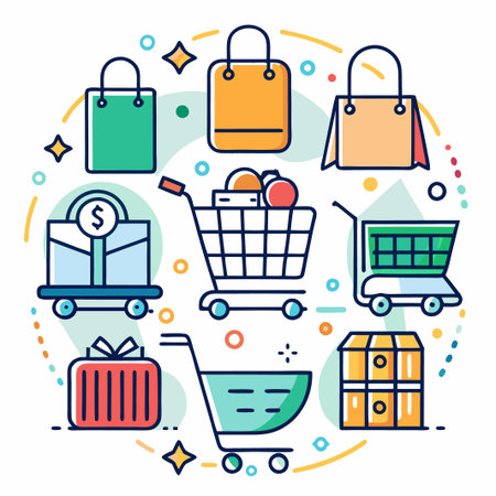 Shopping cart, shopping bags, gift box and boxes, dollar sign, fruit.のイラスト素材